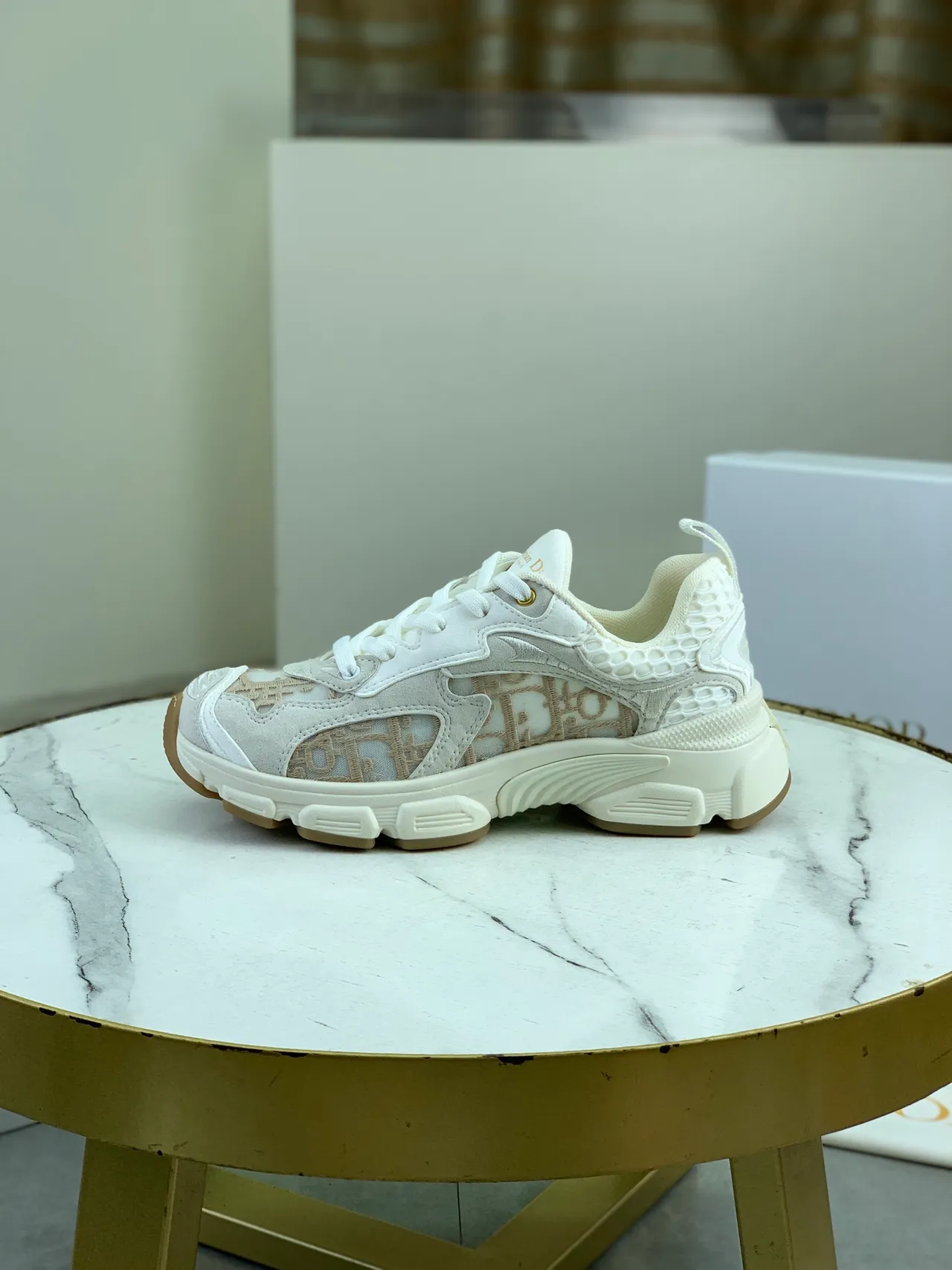 Dior White Beige Monogrammed Jacquard Upper Sculpted Sole Chunky Sneakers