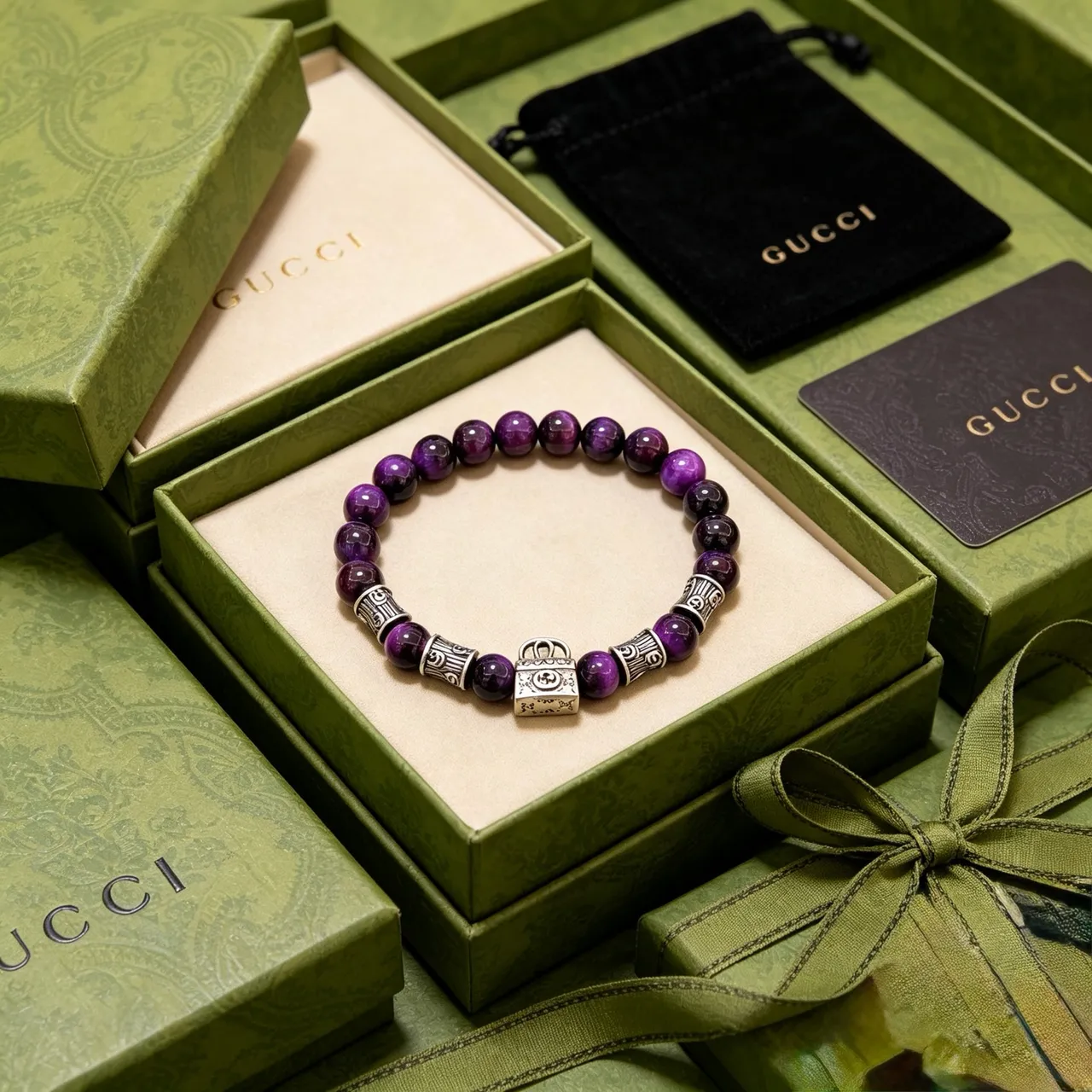 Gucci Purple Silver Beaded Lock Charm Bracelet