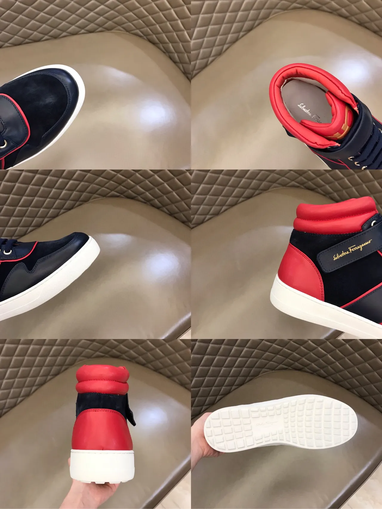 Salvatore Ferragamo High-Top Navy and Red Contrast Piping Sneakers