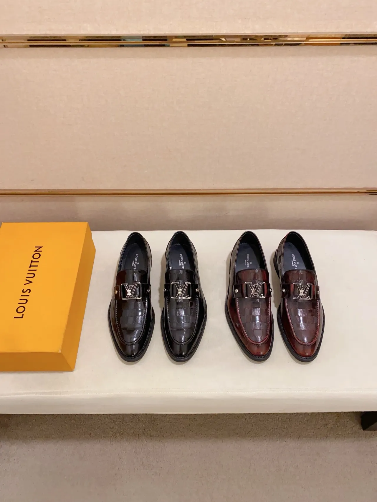 Louis Vuitton Black Patent Leather Damier Check Pattern Loafer