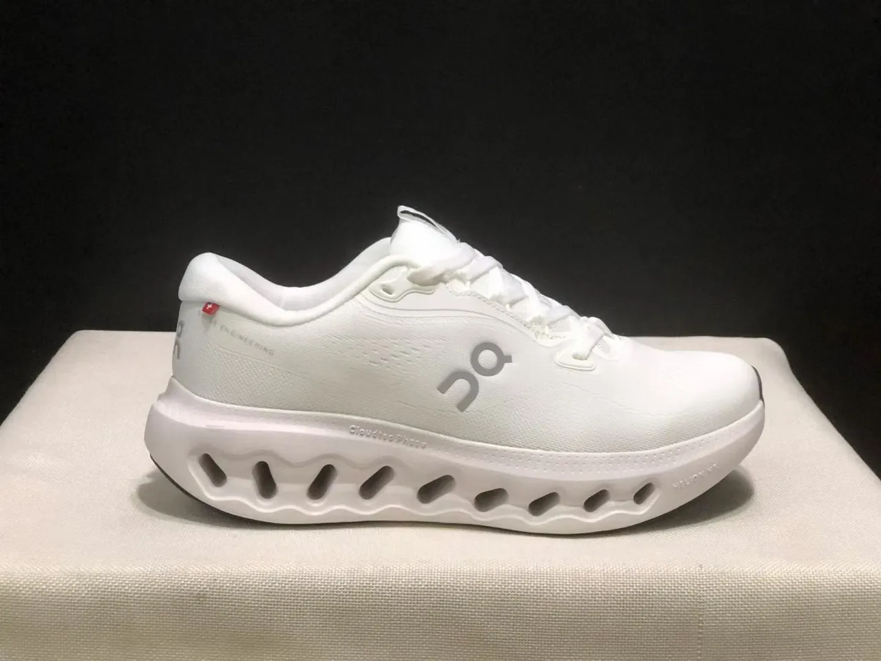 On Cloudmonster Gray Green Engineered Mesh Upper Open Hexagonal CloudTec Pods Running Shoes