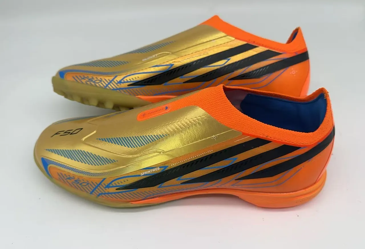 Adidas F50 Gold Orange Laceless Sock-Fit Upper Metallic Overlay Turf Soccer Shoes