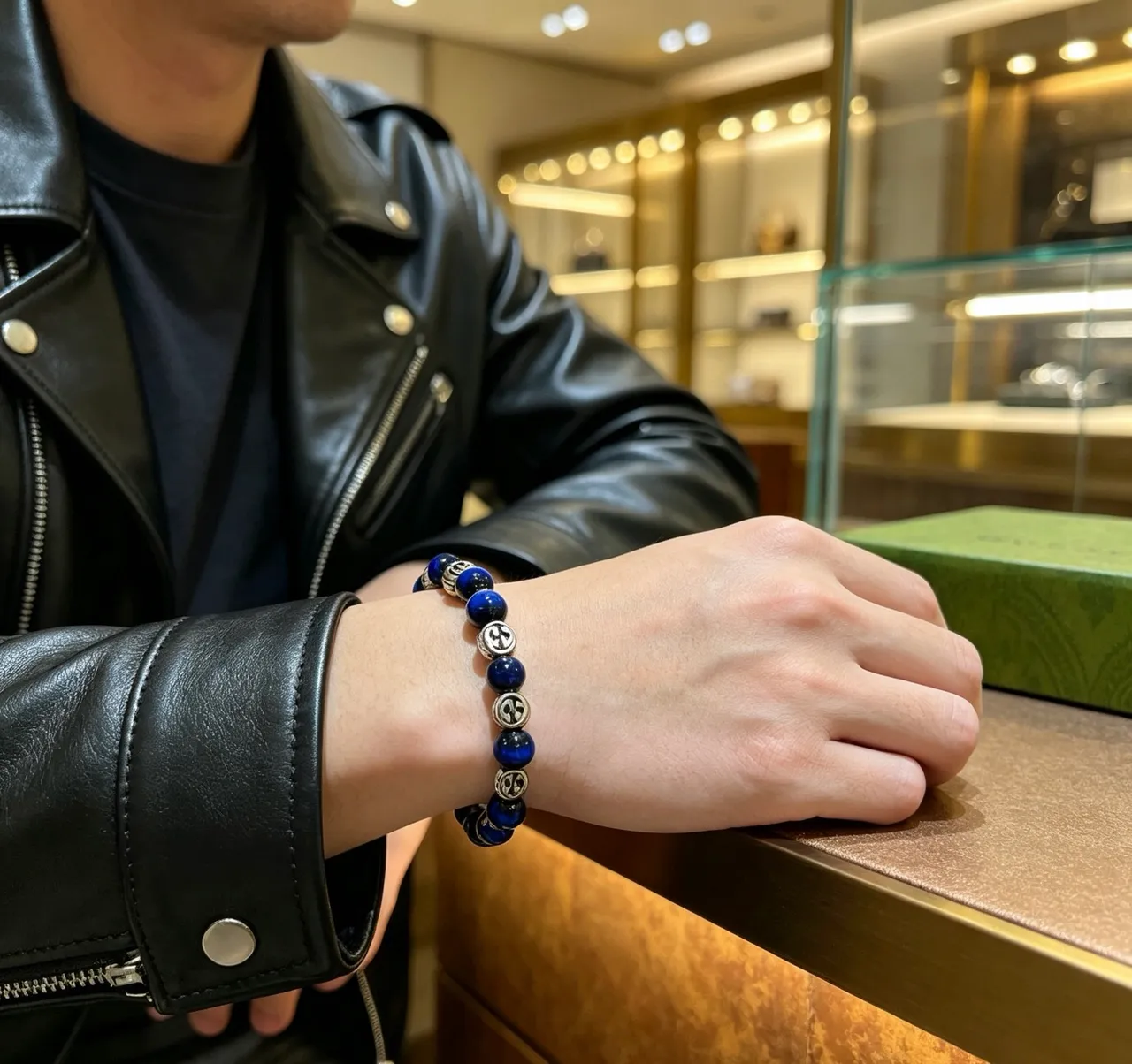 Gucci Blue Silver Beaded Interlocking G Logo Bracelet