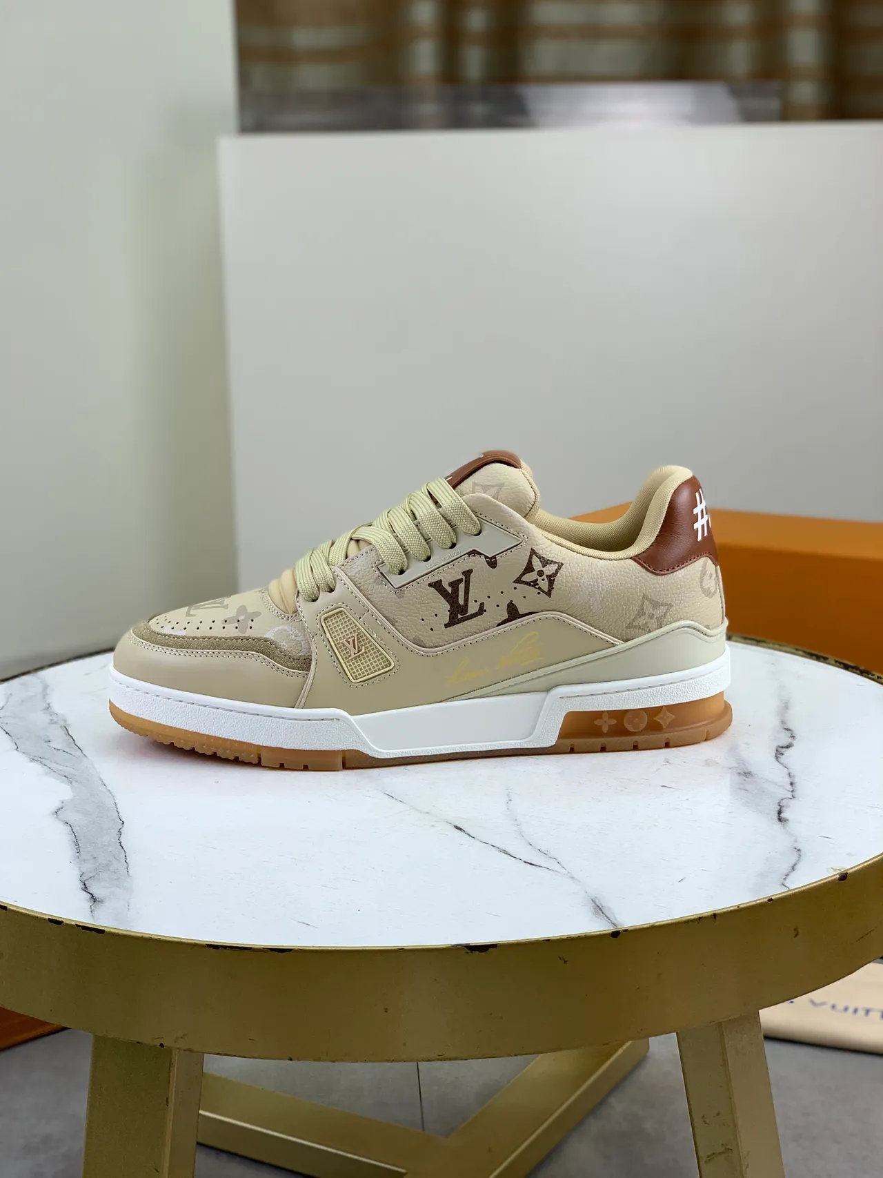 Louis Vuitton LV Trainer Beige Brown Monogram Canvas Leather Overlays Lifestyle Sneakers
