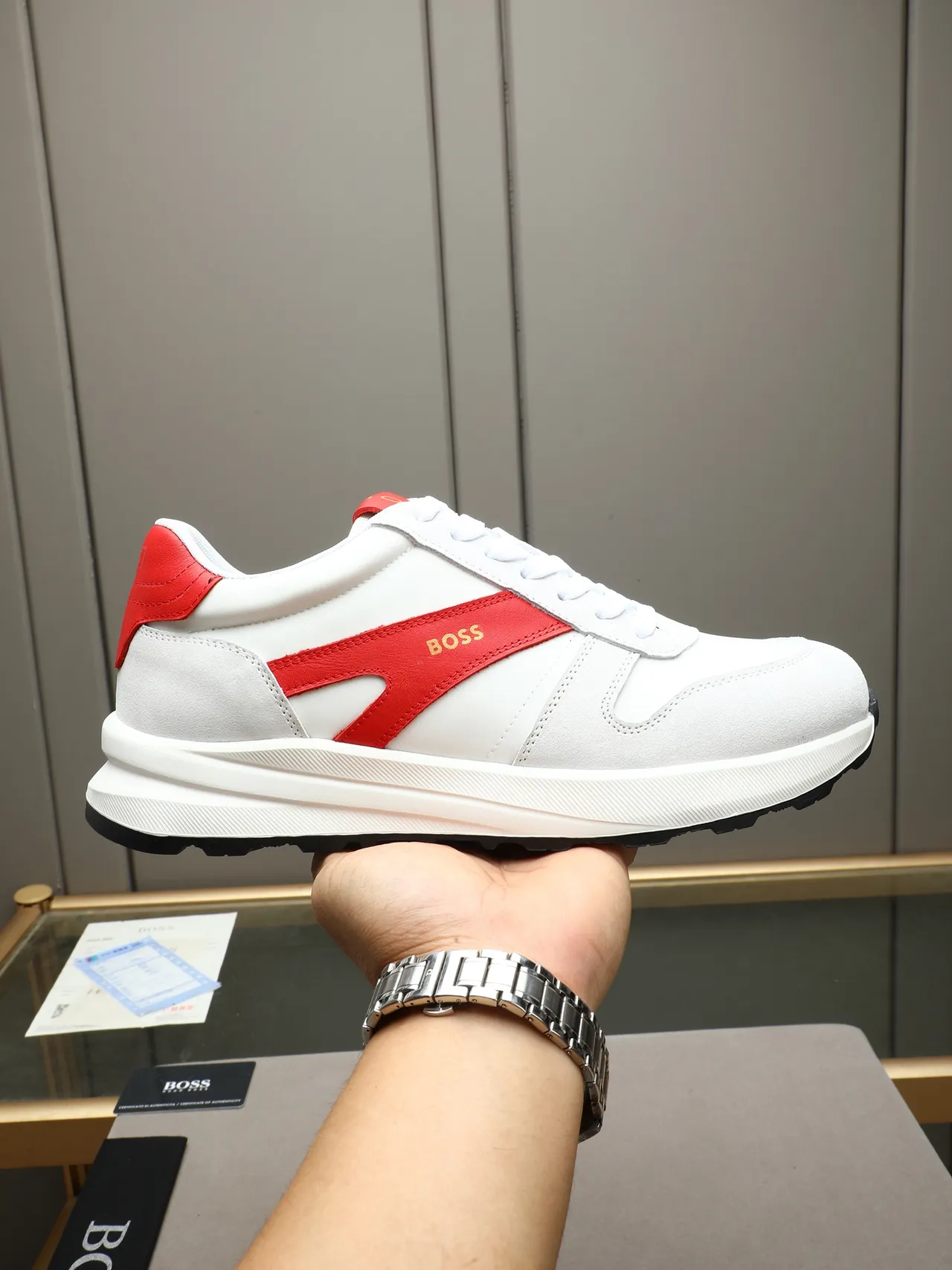 Hugo Boss White Red Leather/suede Upper Chunky Layered Midsole Lifestyle Sneakers