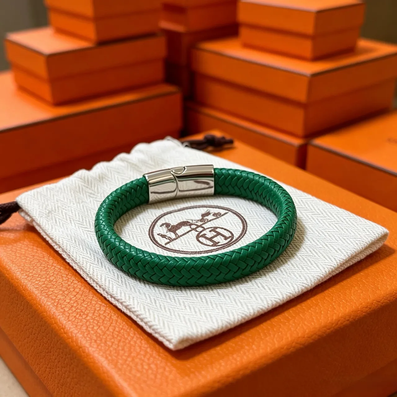 Hermès Green Silver Braided Leather Magnetic Clasp Bracelet