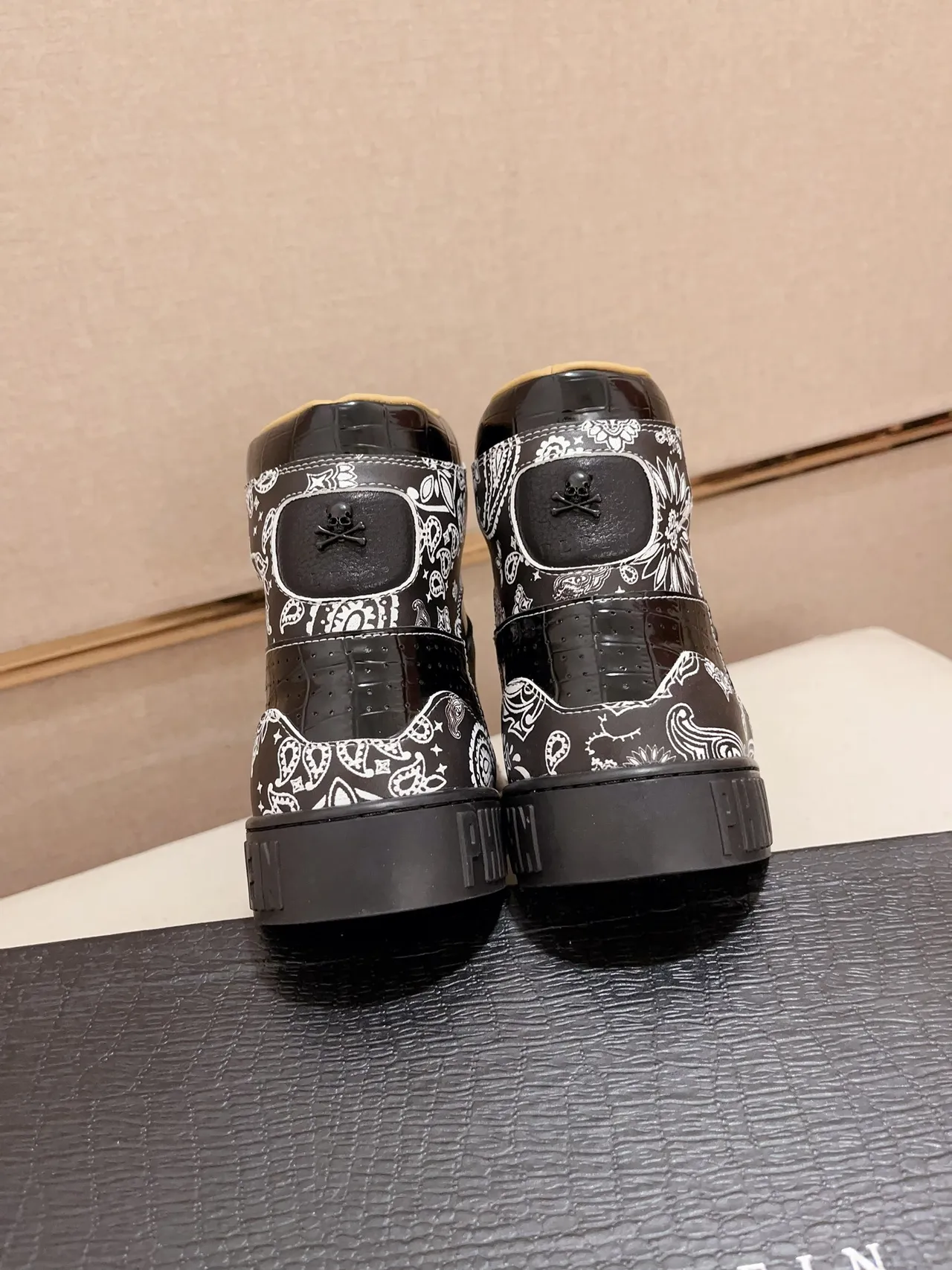 Philipp Plein Black White High-Top Bandana-Print Leather Sneakers