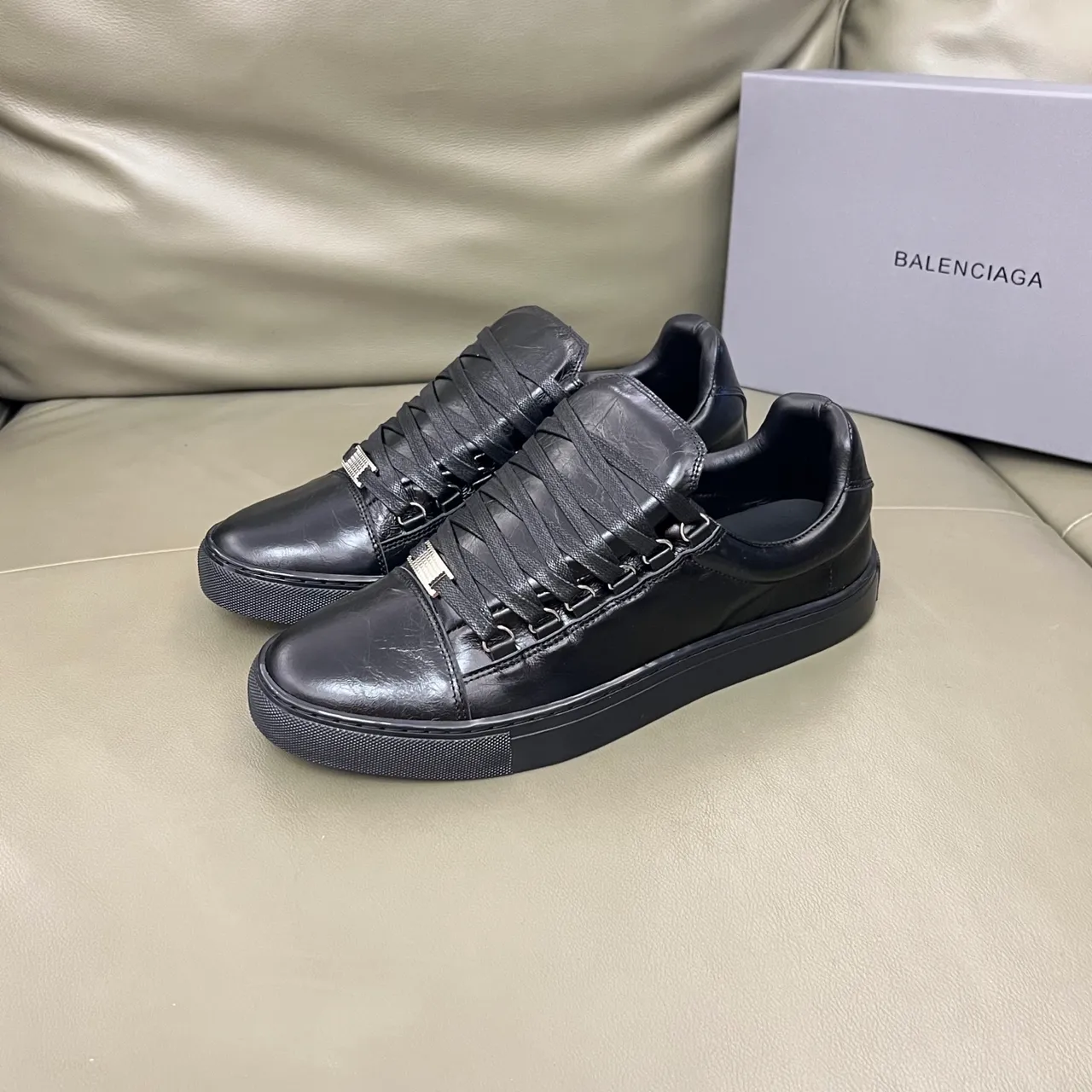 Balenciaga Black Crinkled Leather Wide Strap-Style Laces Lifestyle Sneakers