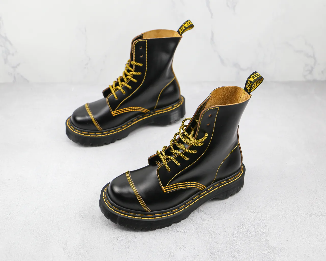 Dr. Martens Black Yellow Leather Contrast Stitching Martin Boots