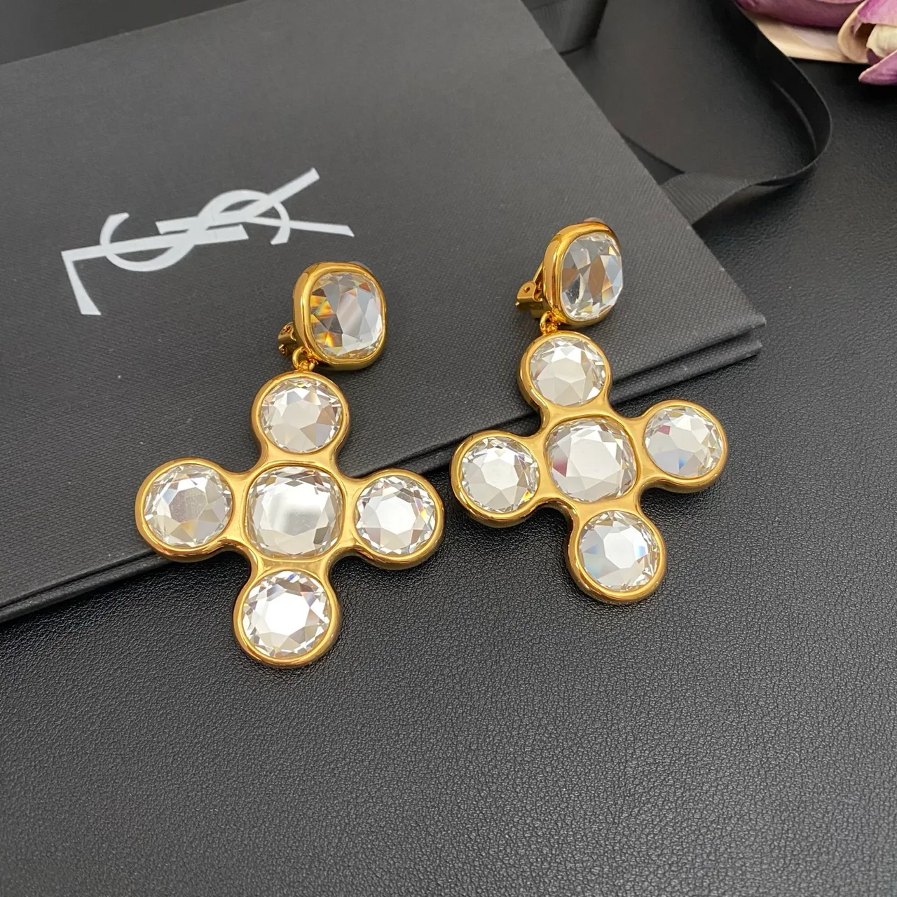 Saint Laurent Crystal Cross Cluster Gold-Tone Earrings