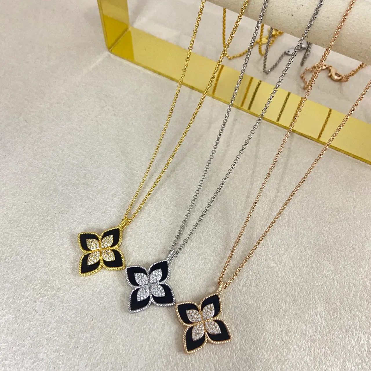 Floral Quatrefoil Enamel and Crystal Pendant Necklaces