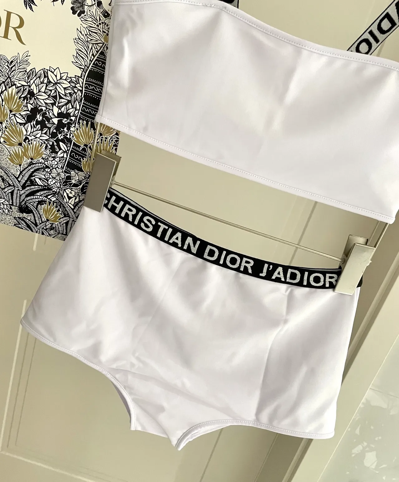 Dior J'adore White Bandeau Top and High-Waisted Briefs Swimwear