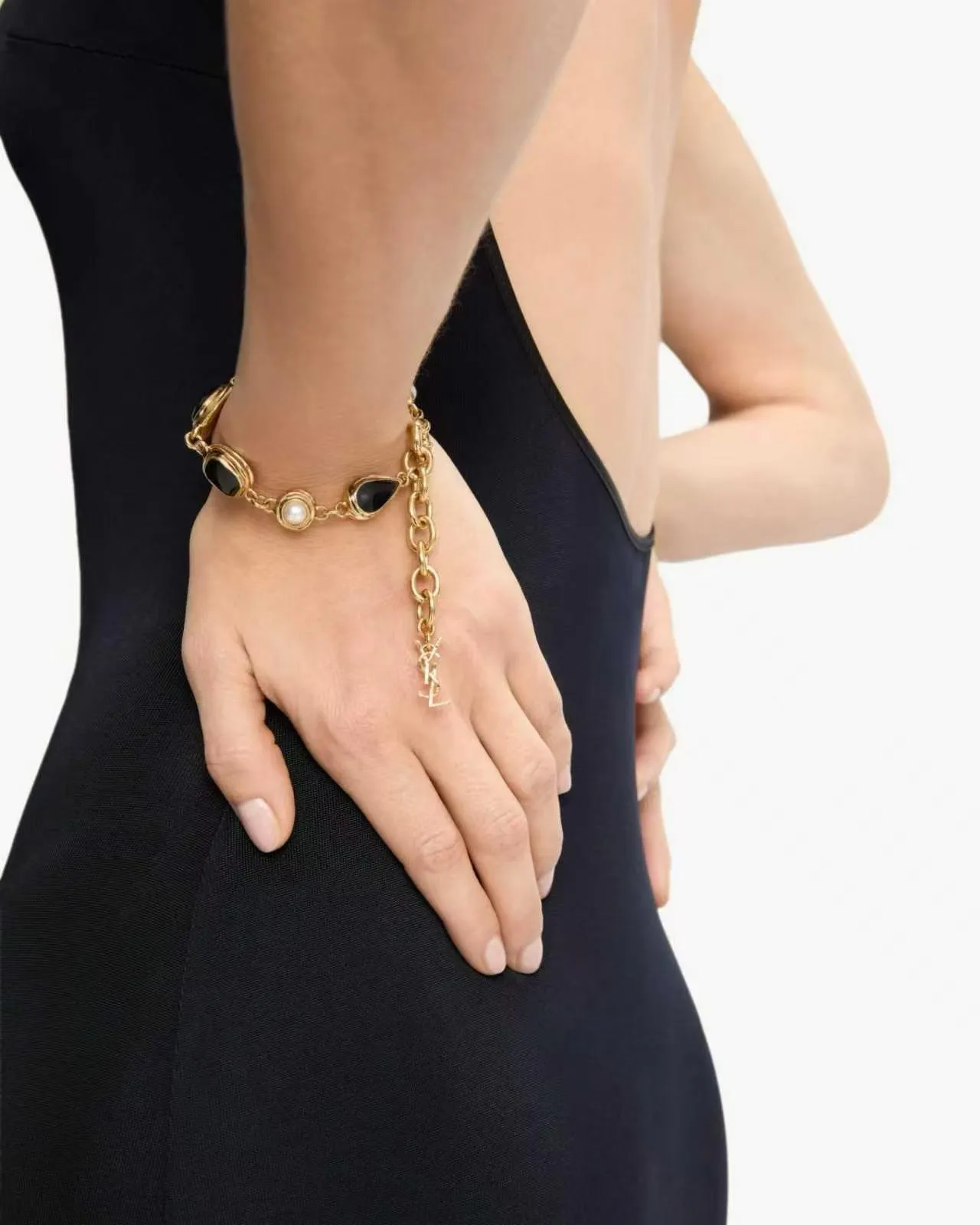 Saint Laurent Gold-Tone Black Stone and Pearl Link Bracelet