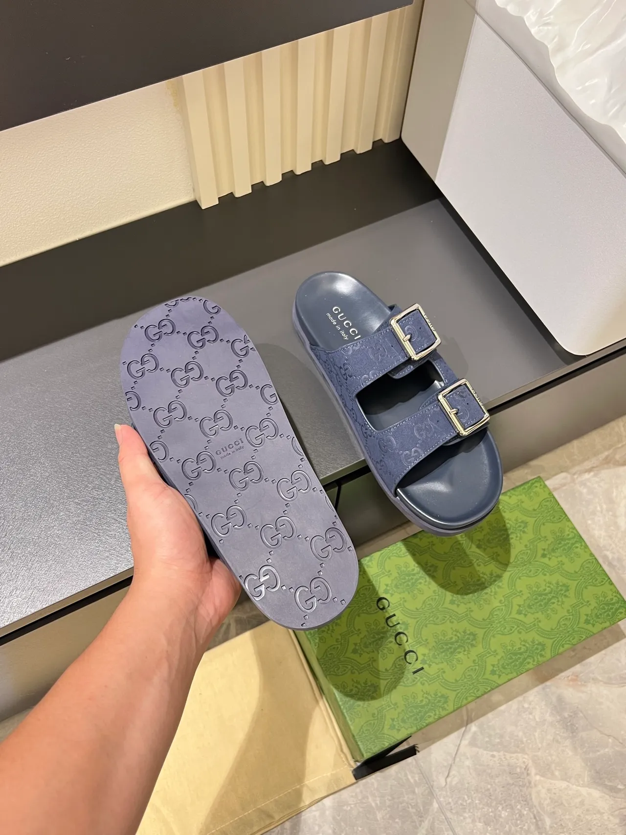 Gucci Screener Embossed GG Buckle Slide Casual Sandals