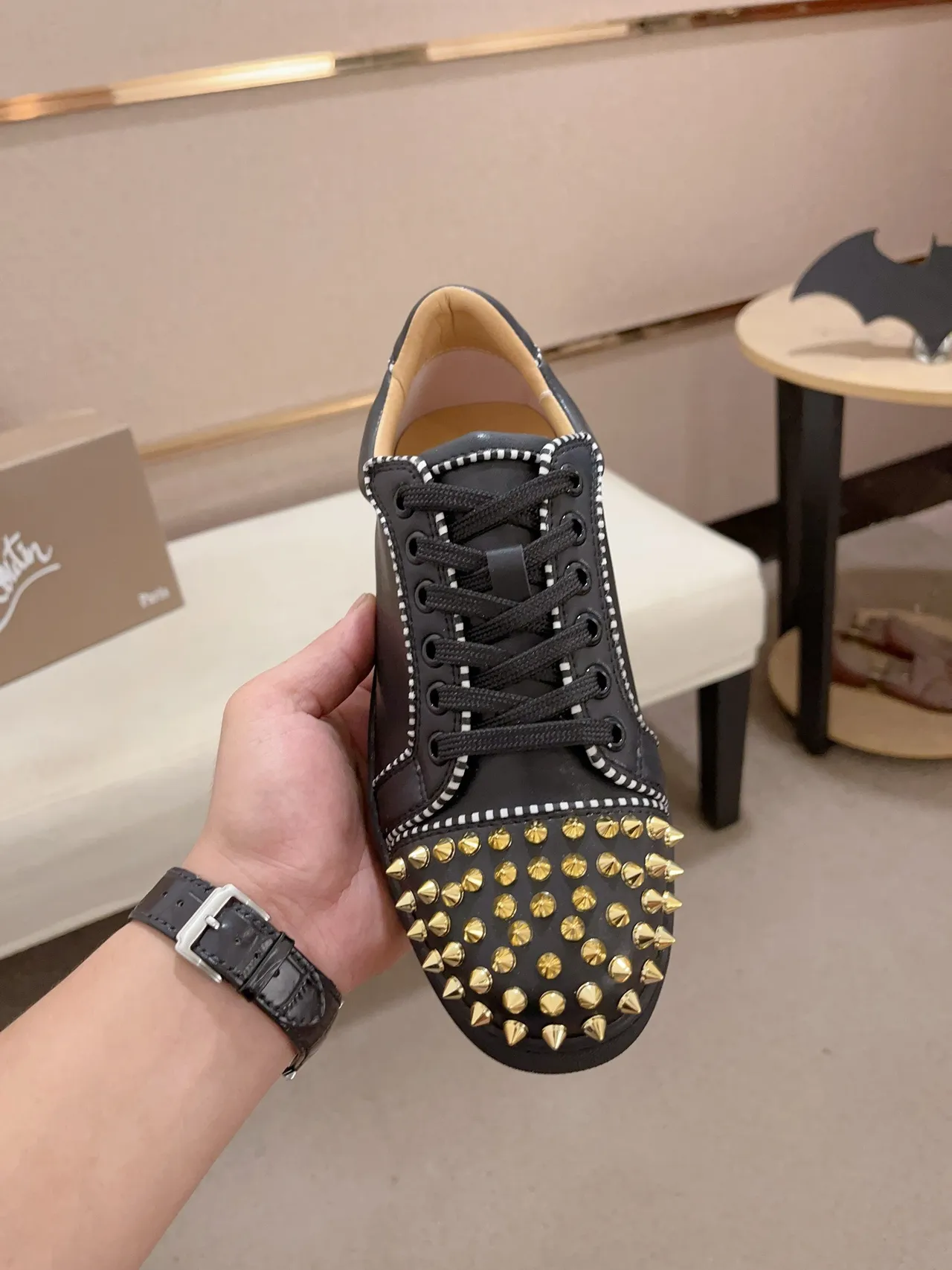 Christian Louboutin Black Gold Studded Leather Lifestyle Sneakers