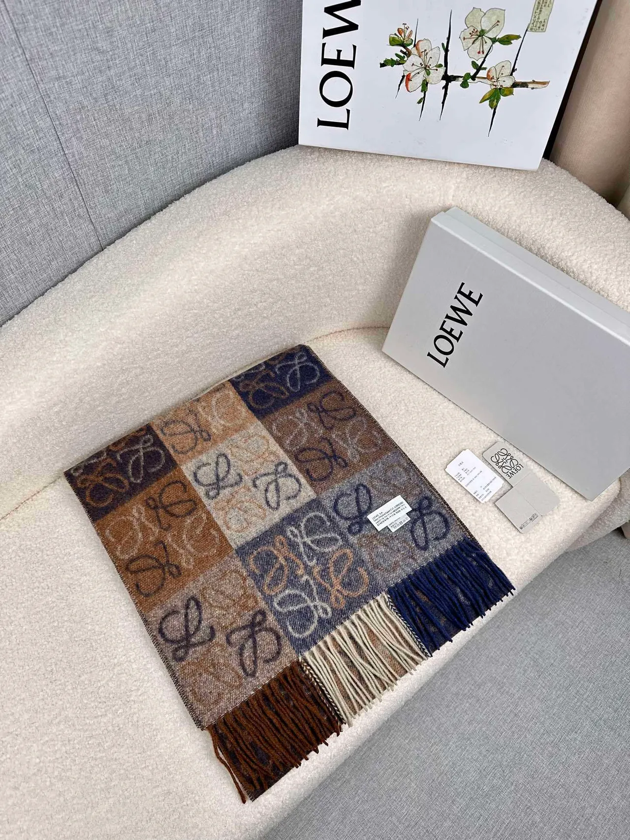 Loewe Monogram Jacquard Navy and Beige Cashmere Scarf