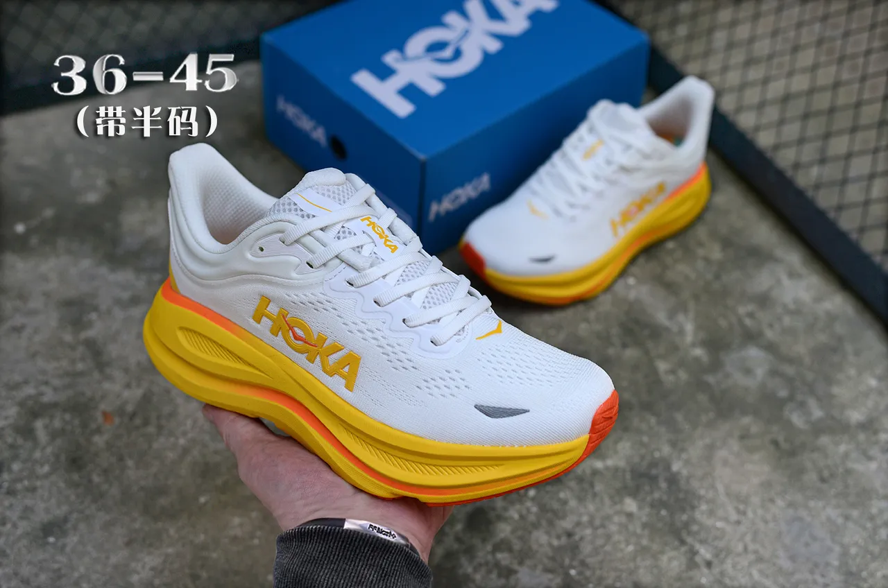 Hoka White Yellow Engineered Knit Upper Thick Cushioned Midsole Running Shoes