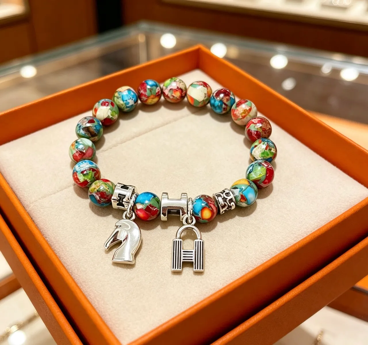 Hermès H Charm Bracelet Multicolor Enamel Bead Bracelet