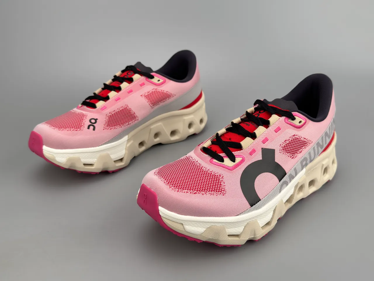 On Pink Red Engineered Mesh Upper Open Hexagonal CloudTec Midsole Running Shoes