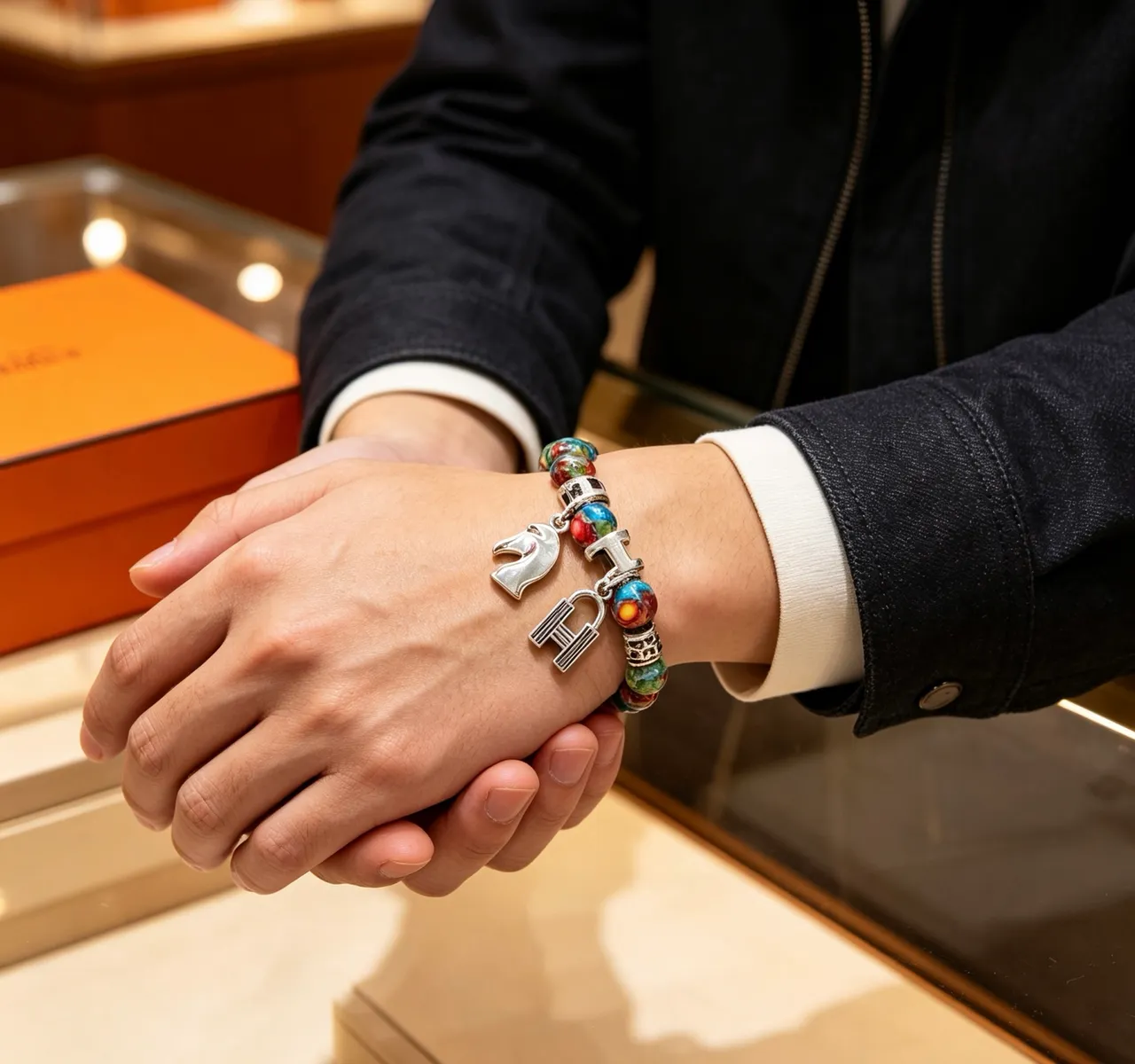 Hermès H Charm Bracelet Multicolor Enamel Bead Bracelet