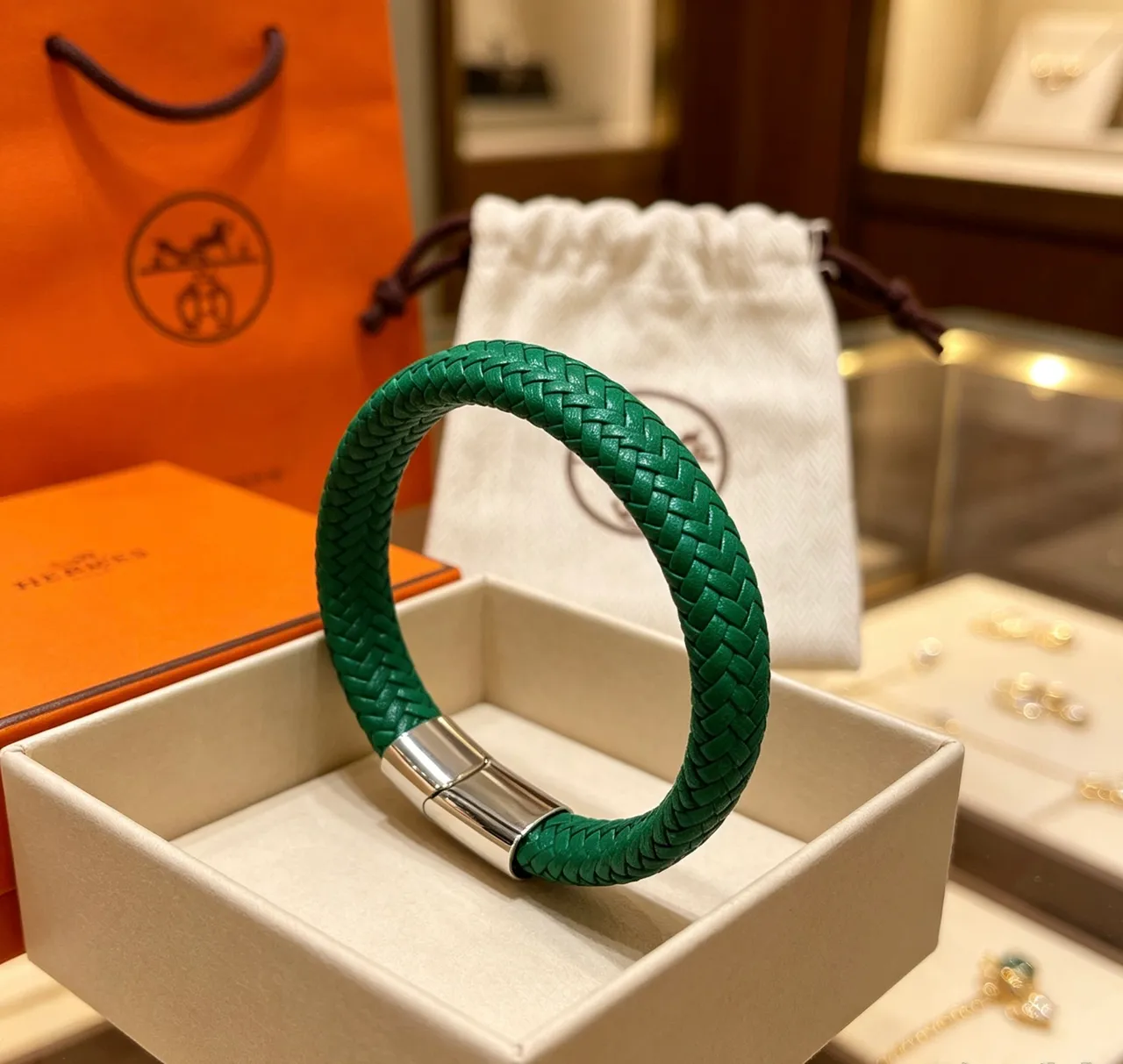 Hermès Green Silver Braided Leather Magnetic Clasp Bracelet
