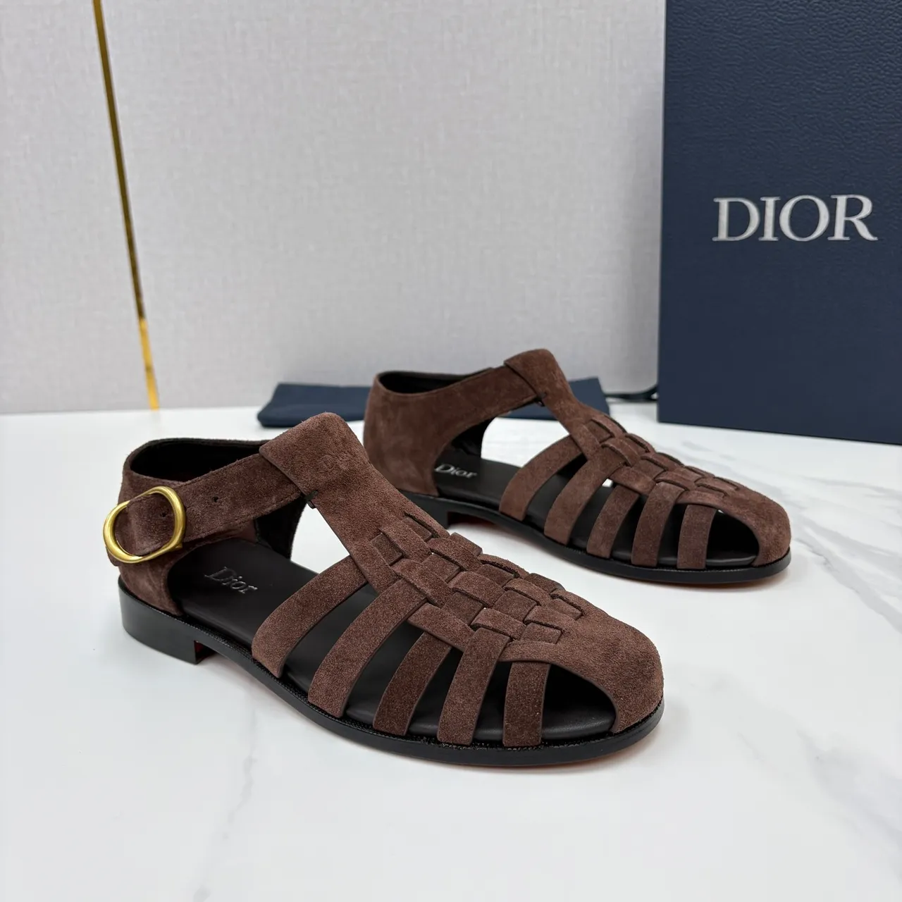 Dior Brown Black Woven Suede T-Strap Gladiator Sandals