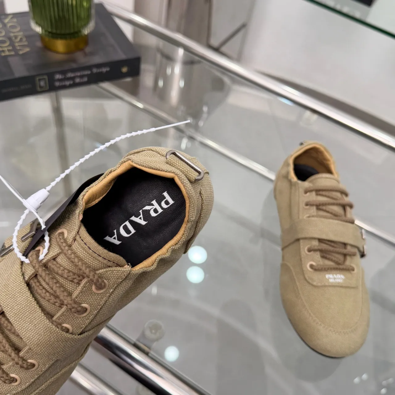 Prada Beige Black Upper C-Shaped Metal Buckle Strap Canvas Shoes
