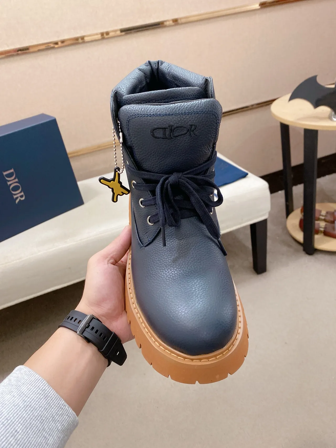 Dior Navy Beige Pebbled Leather Chunky Lug Sole Work Boots