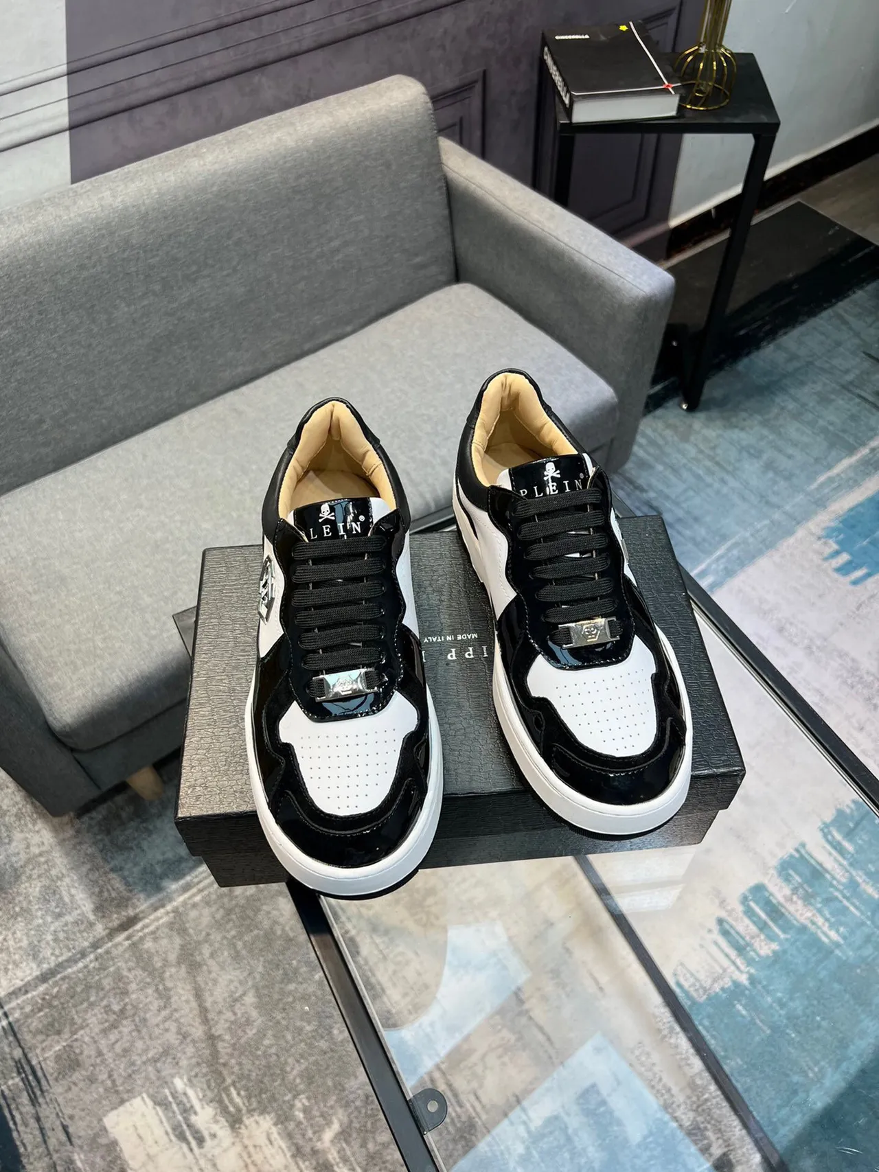 Philipp Plein Black White Panelled Upper Patent Leather Accents Lifestyle Sneakers