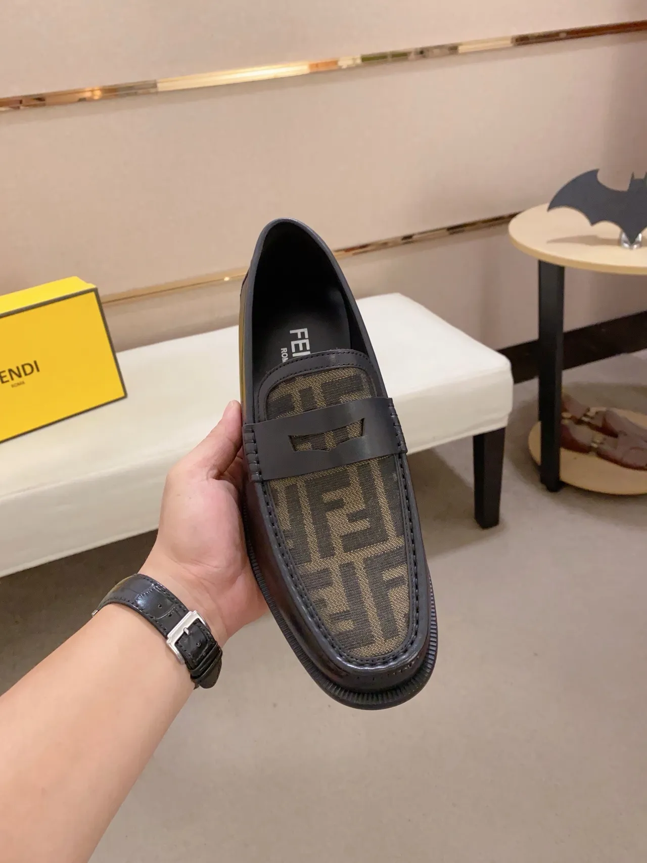 Fendi Black Brown Leather FF Monogram Canvas Loafer