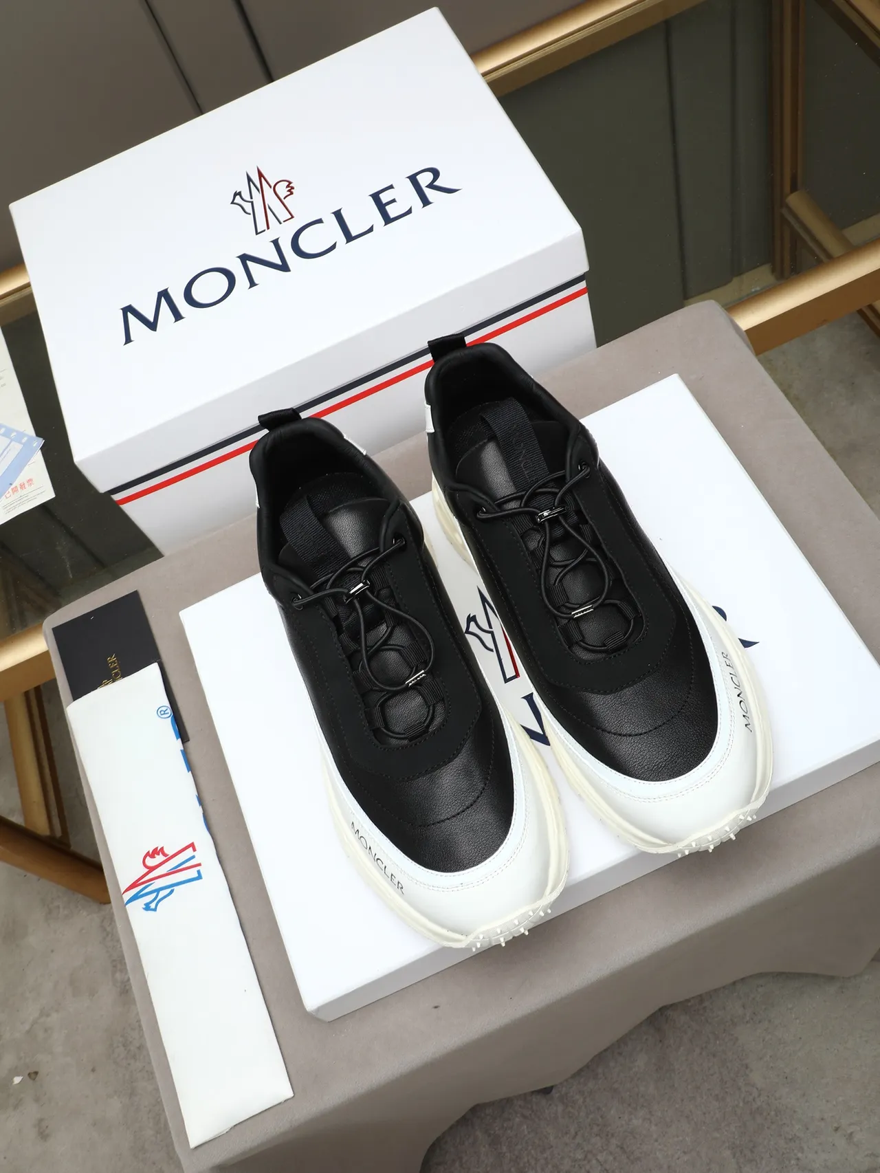 Moncler Black and White Leather Low-Top Sneaker