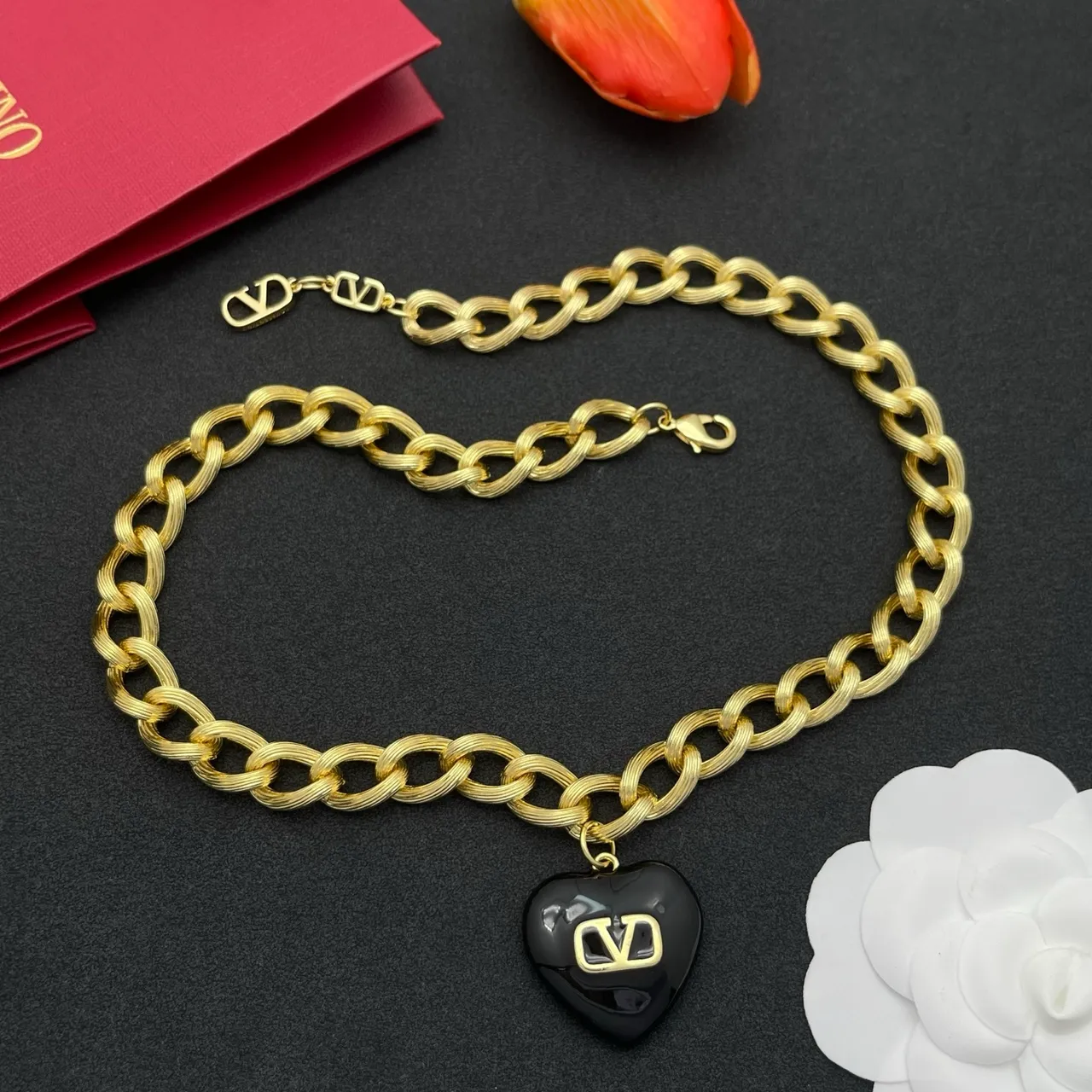 Valentino VLogo Heart Black and Gold Chain Necklace