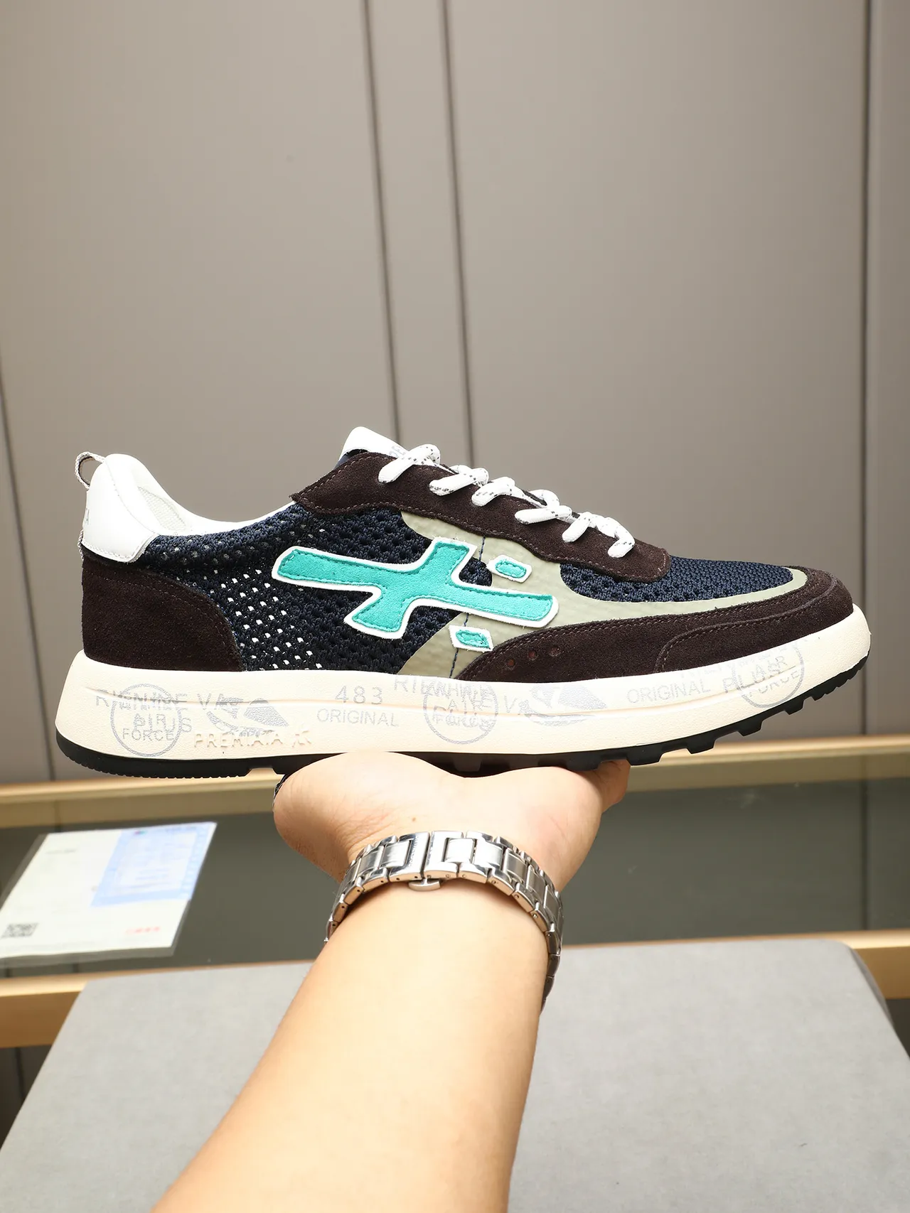 Premiata Cross Logo Brown Navy Turquoise Lifestyle Sneakers
