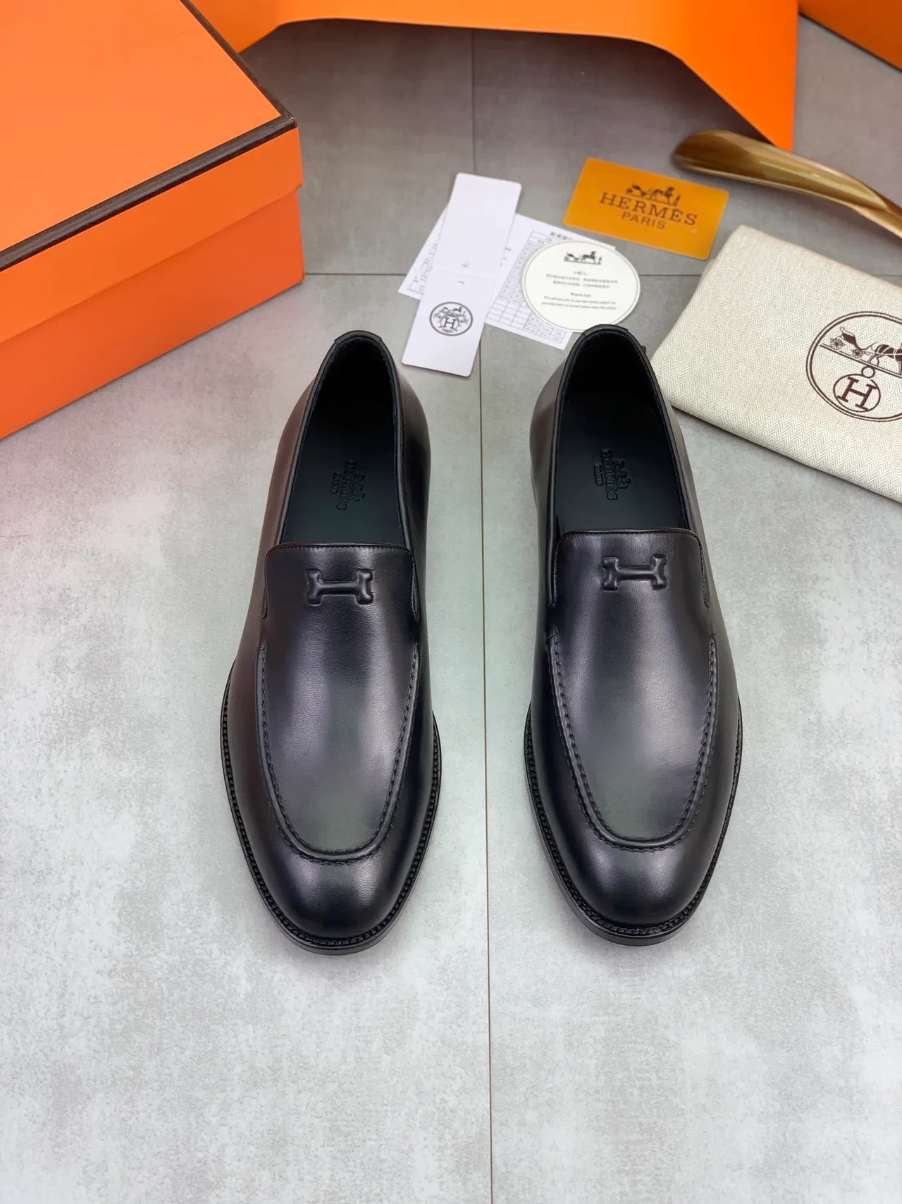 Hermès Oran Black Leather H-Logo Loafers