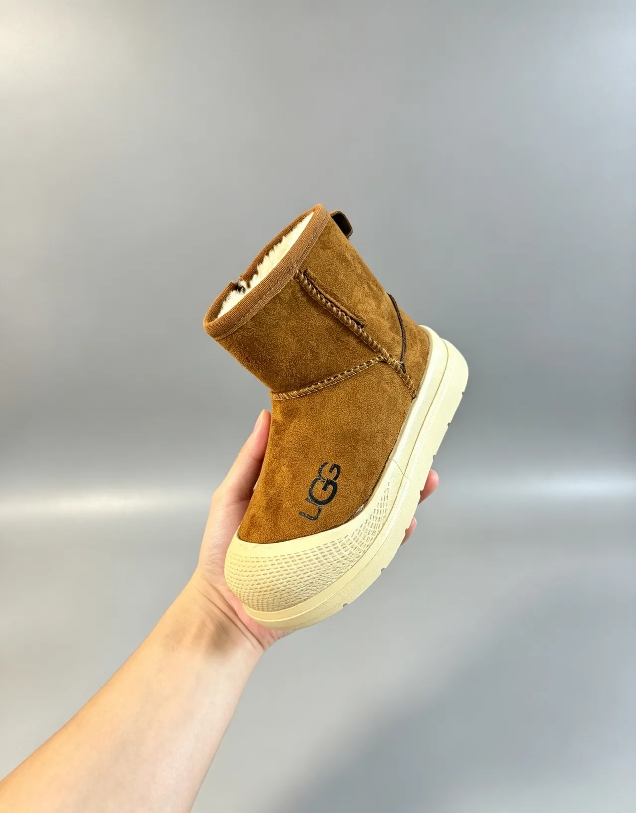 UGG Brown Beige Suede Upper Pull Tab Snow Boots