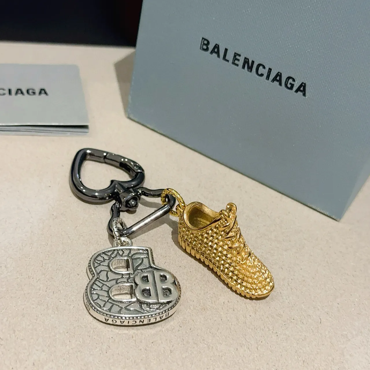 Balenciaga Gold Silver Miniature Sneaker Charm Heart-Shaped BB Logo Bracelet