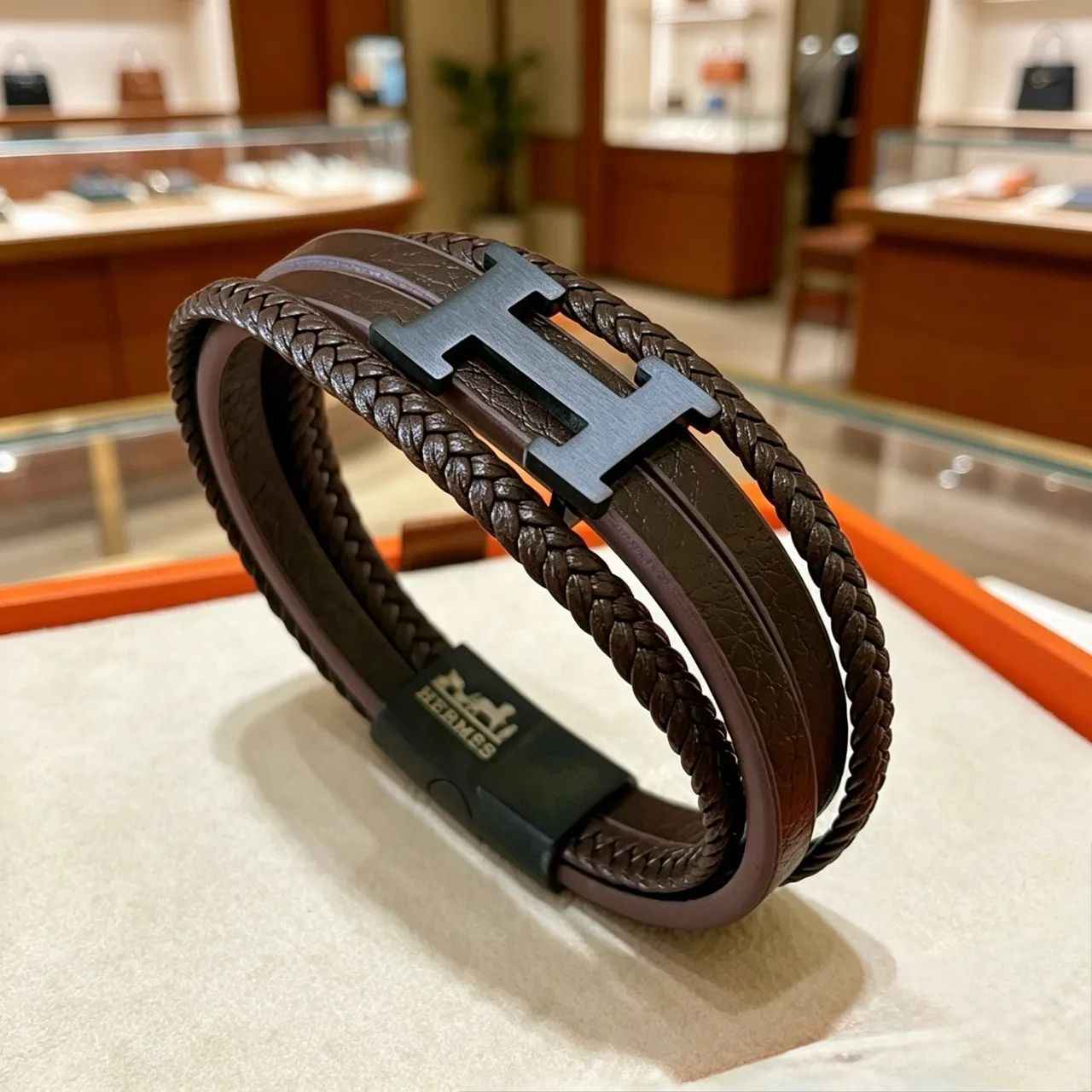 Hermès Brown Black Braided Leather Double-Wrap Bracelet