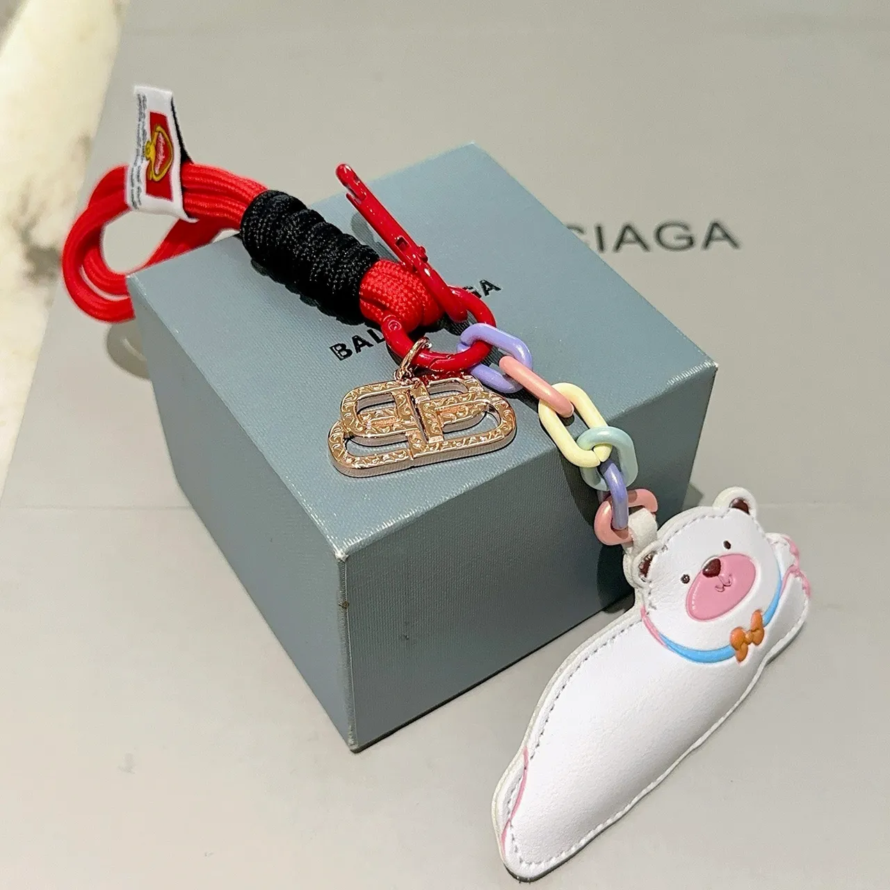 Balenciaga White Red Leather Bear Charm Multicolor Resin Chain Links Phone Accessory