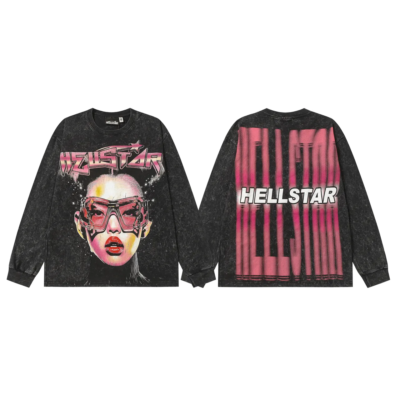 Hellstar Graphic-Print Acid-Wash Long-Sleeve T-Shirt