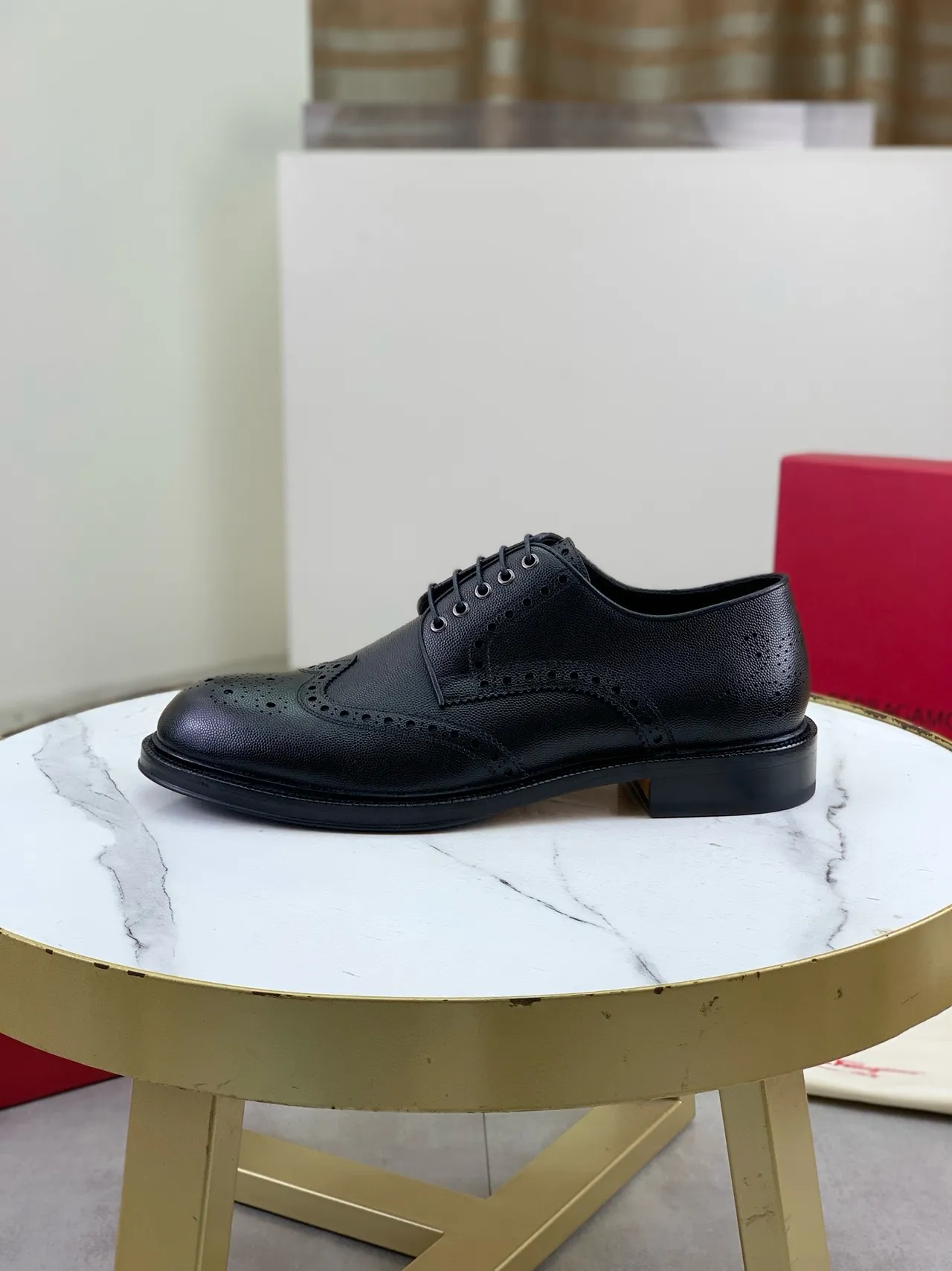 Salvatore Ferragamo Full Brogue Wingtip Black Pebbled Leather Brogues