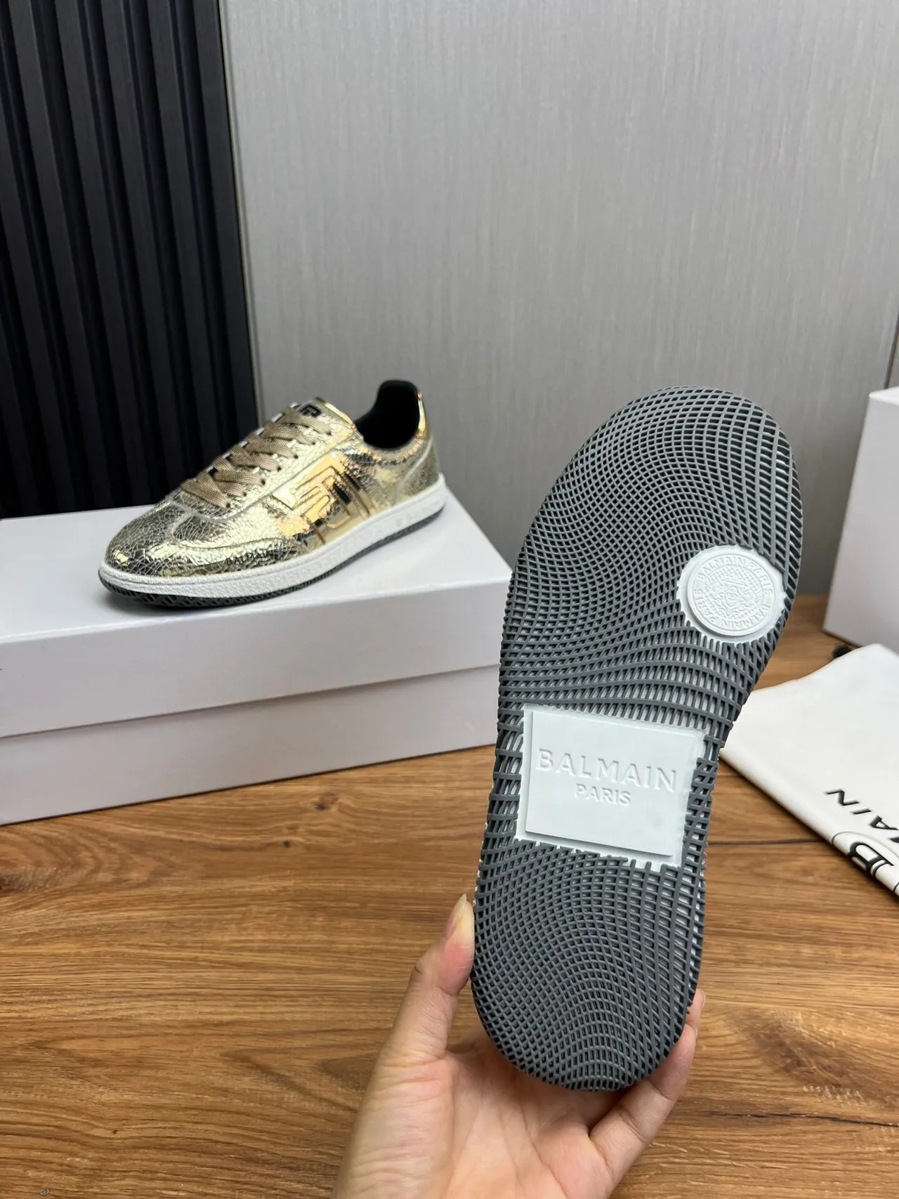 Balmain B-Court Metallic Cracked Leather Gold Black Lifestyle Sneakers
