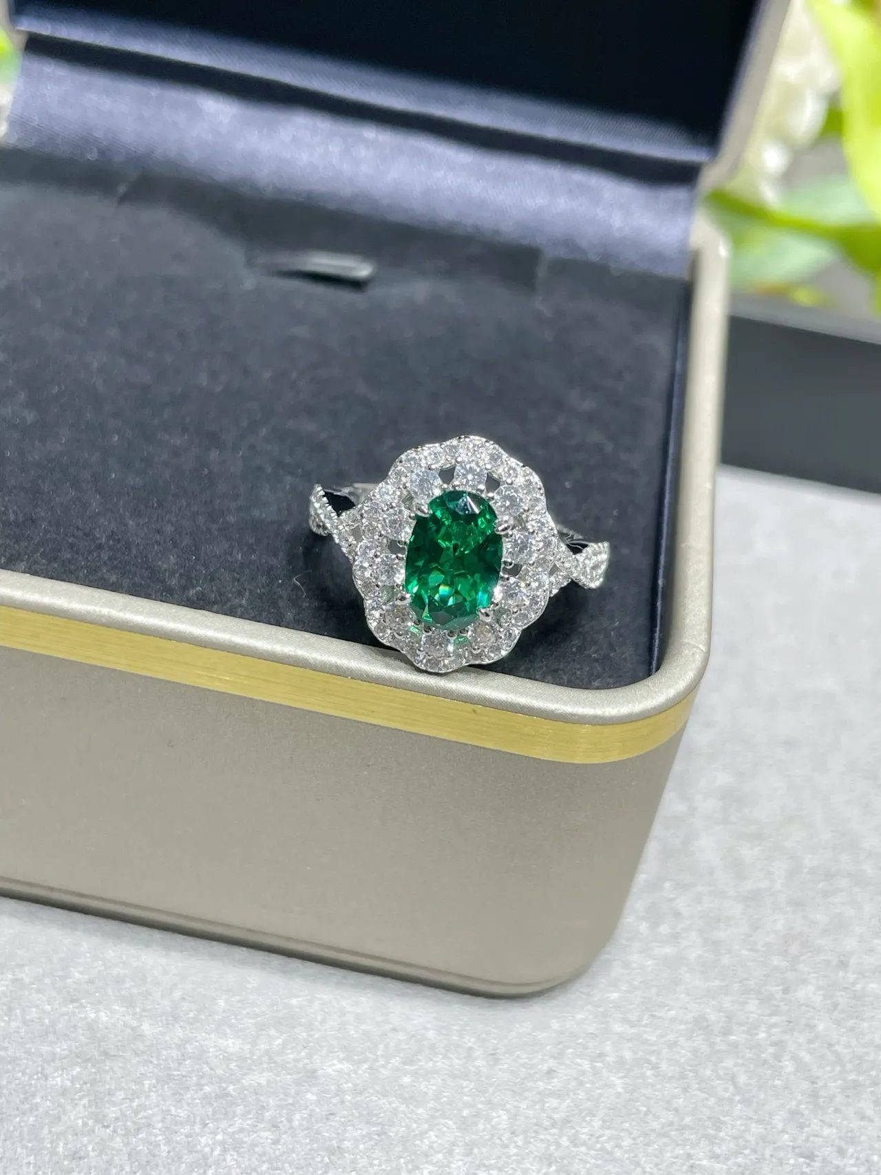 Green Silver Oval-Cut Center Stones Pavé Halo Surround Earrings