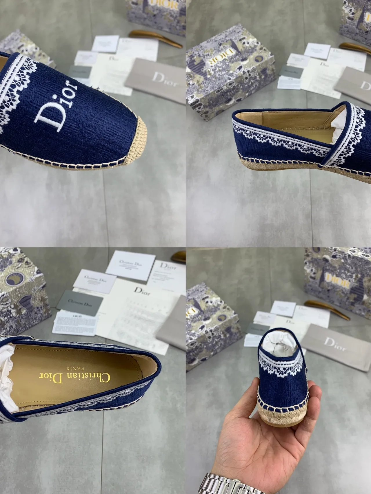 Dior Navy Woven Lace-Trimmed Espadrille Boat Shoes