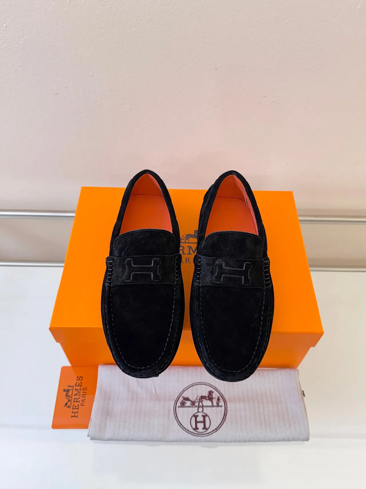 Hermès Oran Black Orange Suede Upper H-Logo Strap Loafer