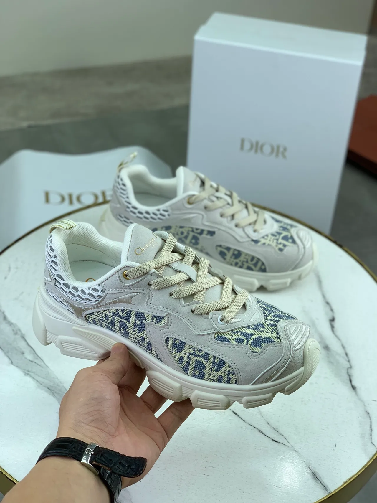 Dior Beige Blue Sole Oblique Monogram Jacquard Chunky Sneakers