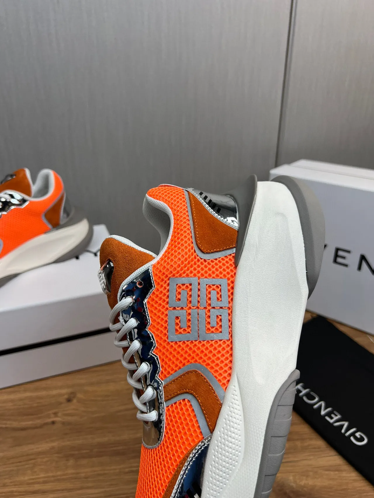 Givenchy Orange Silver Sole Mesh And Suede Upper Chunky Sneakers