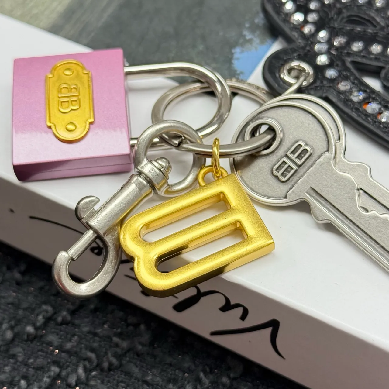 Balenciaga Silver Pink Crystal-Embellished Logo-Charm Jewelry