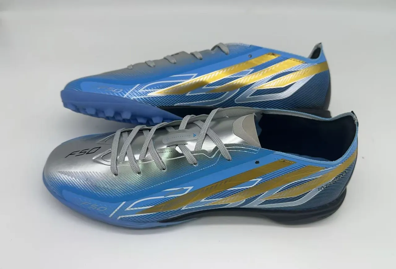 Adidas F50 Silver Blue Metallic Upper Gradient Turf Soccer Shoes