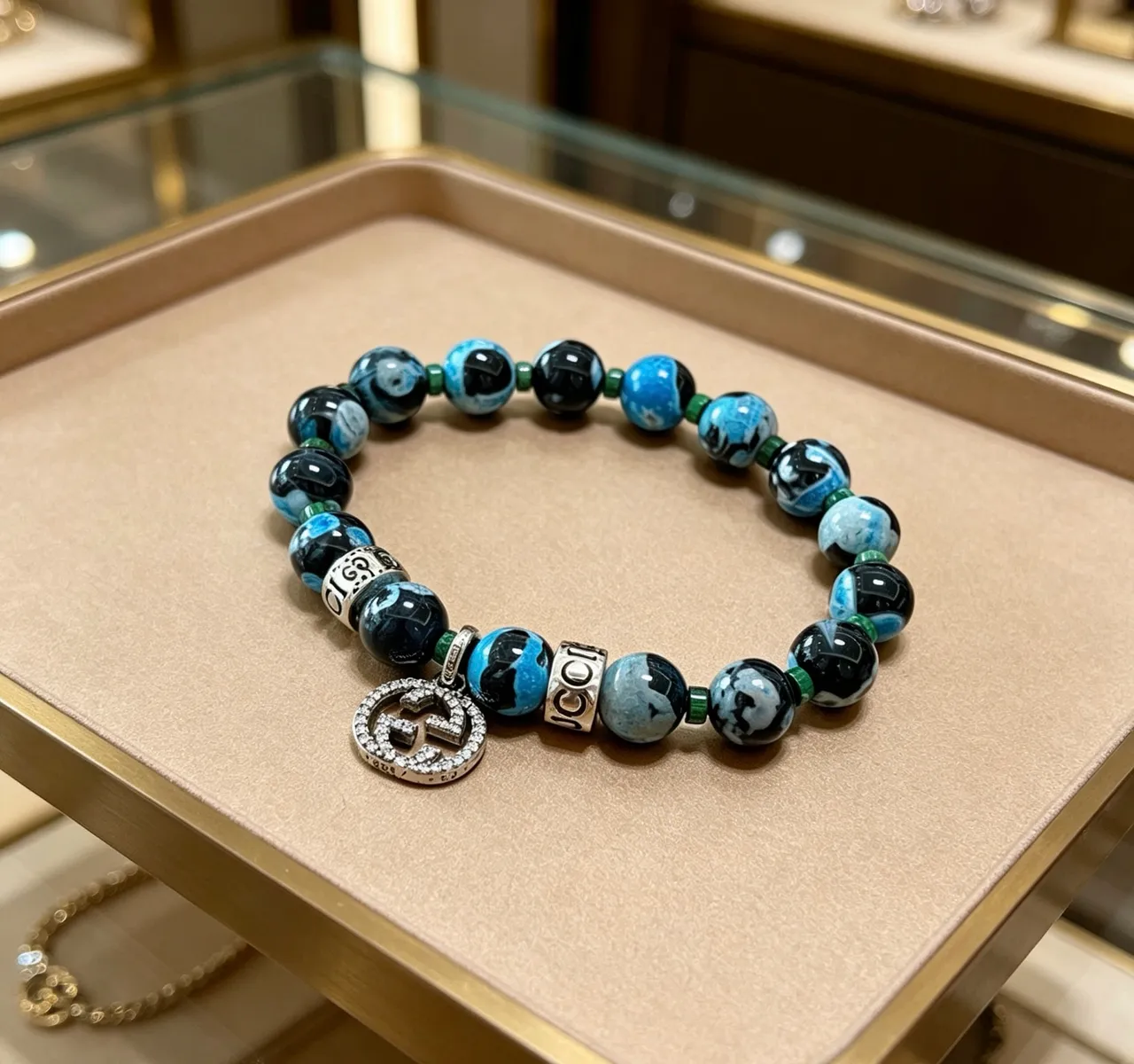 Gucci Blue Black Marbled Agate-Style Beads Pavé Crystal GG Charm Bracelet