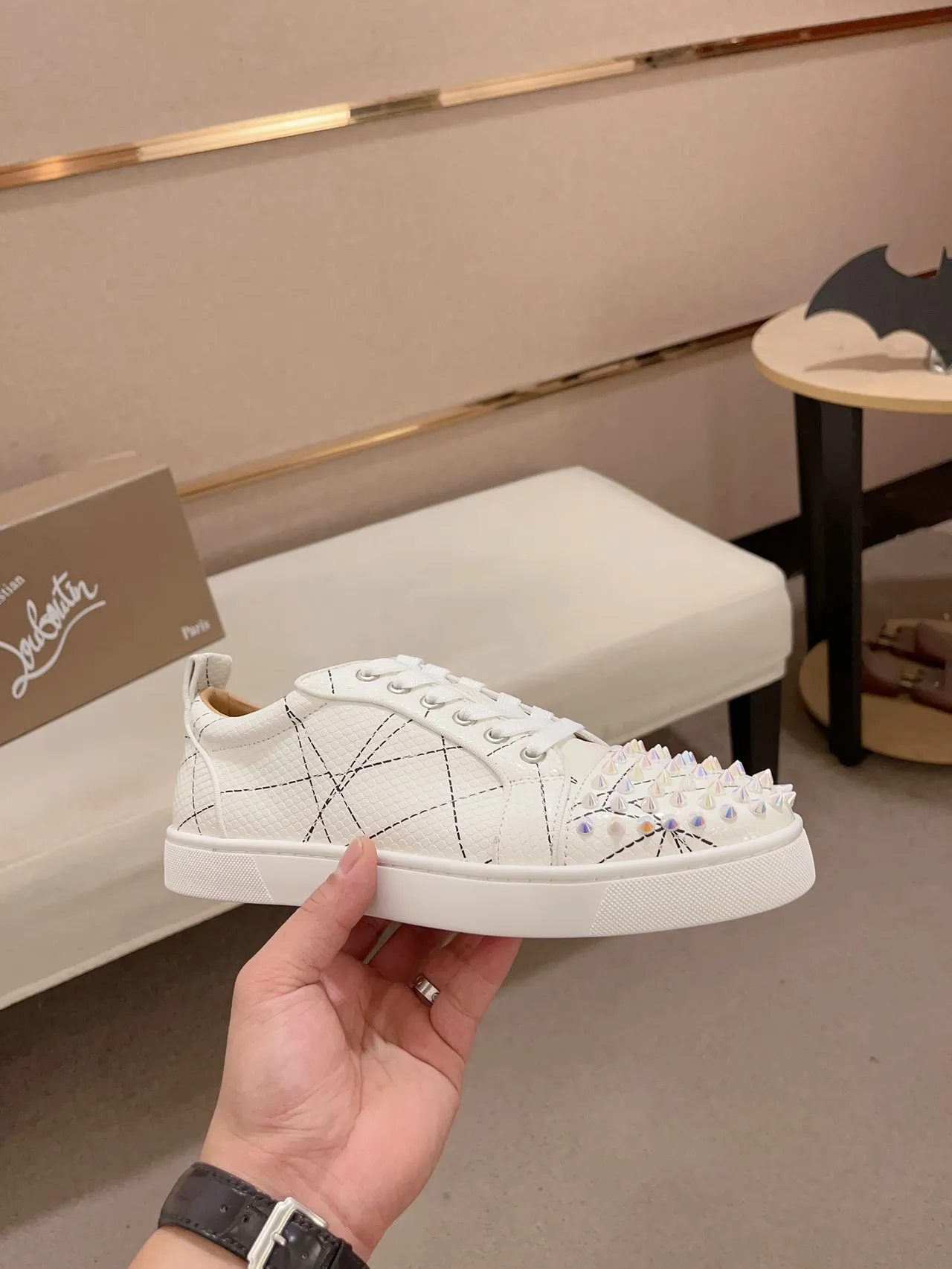 Christian Louboutin White Spiked Toe Quilted-Stitched Upper Lifestyle Sneakers